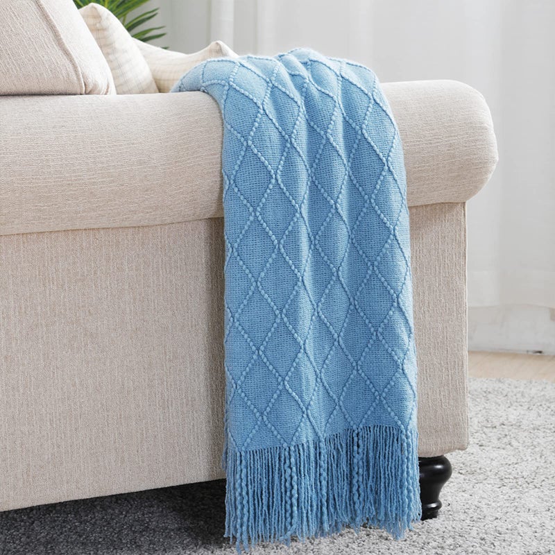 BOURINA Blue Throw Blanket 50x60 Inches Throw Textured Solid Soft Sofa Couch Decorative Knit Blanket - Image 2